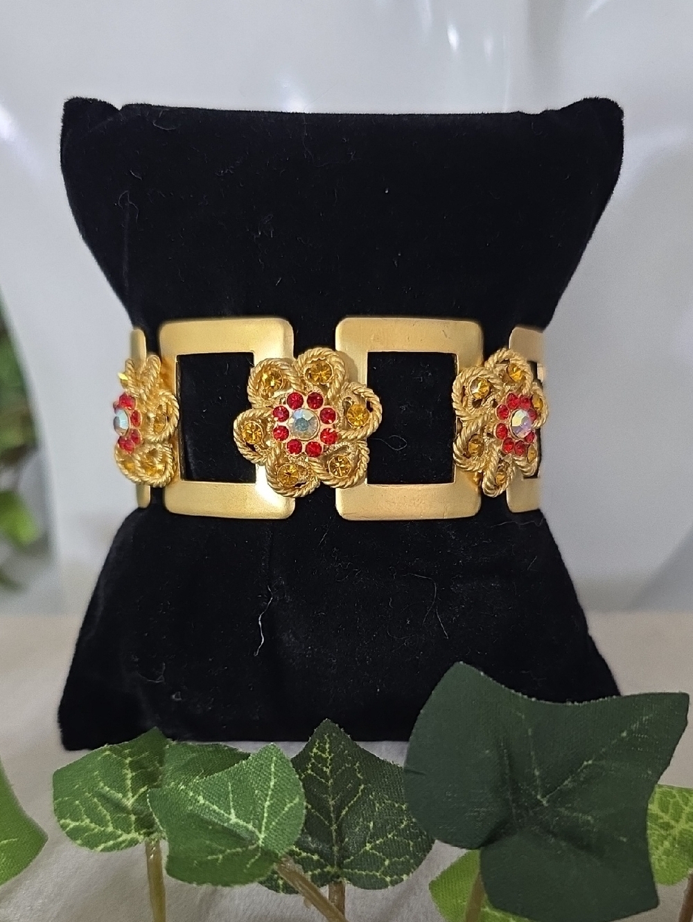 Vintage Gold Filigree Flower Cuff Bracelet | Red AB Rhinestone Geometric Bangle